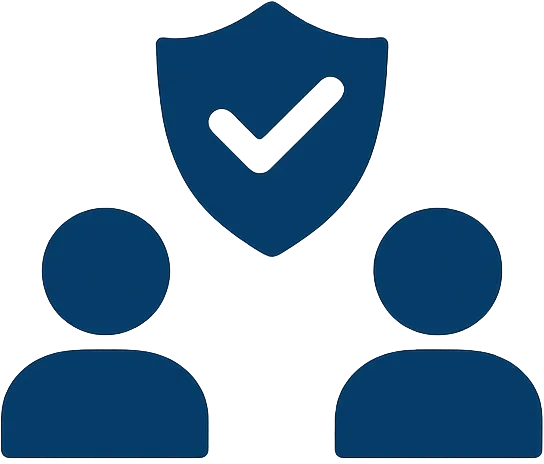 Icon mit zwei Personen und Schutzschild mit Haken – Symbol für Streitvermeidung durch neutrales Gutachten bei Erbschaft