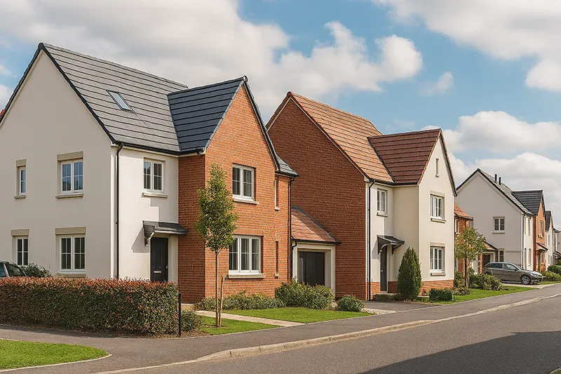 Moderne Einfamilienhäuser und Doppelhaushälften in Deutschland mit gepflegten Vorgärten