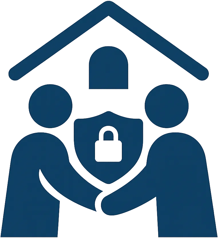 Icon: Zwei stilisierte Personen geben sich die Hand vor einem Haus – steht für rechtliche Sicherheit bei der Immobilienschenkung