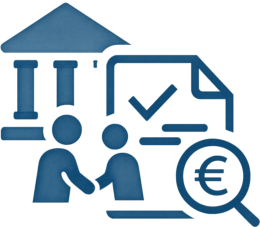 Icon: Dokument mit Häkchen, Amtsgebäude und Lupe mit Euro-Symbol – steht für Transparenz gegenüber dem Finanzamt bei Immobilienschenkungen