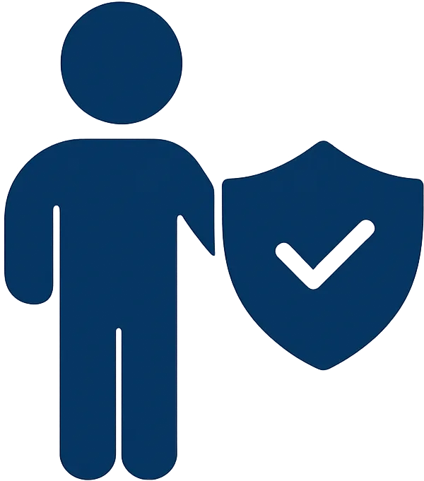 Icon mit stilisierter Person und Schutzschild mit Haken – Symbol für neutrale und kompetente Begleitung bei der Immobilienbewertung im Erbfall