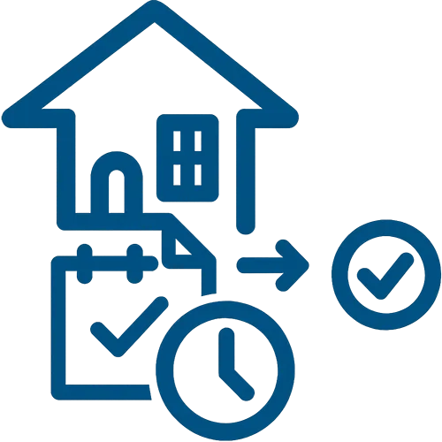 Icon: Haus mit Uhr und Kalender – symbolisiert Zeitersparnis beim Immobilienverkauf durch ein Verkehrswertgutachten