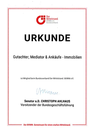 Zertifikat BVMW – Mitgliedschaft als Immobiliengutachter, Mediator und Immobilienankäufer in Köln