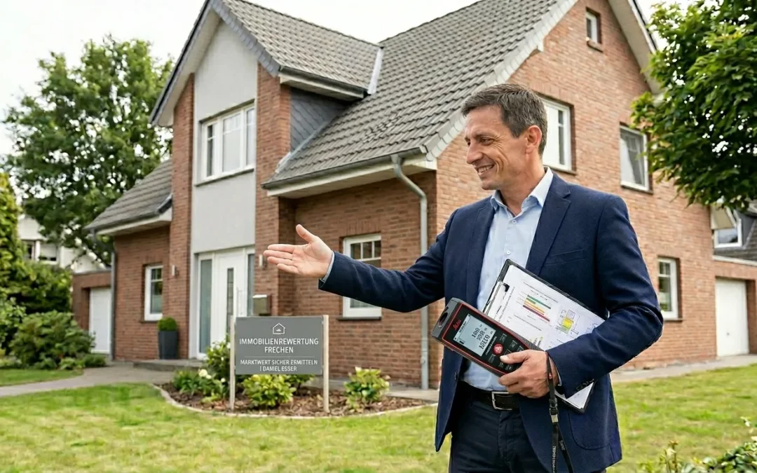 Sachverständiger Daniel Esser bei einer Immobilienbewertung in Frechen zur Ermittlung des Marktwertes für ein Wohnhaus.