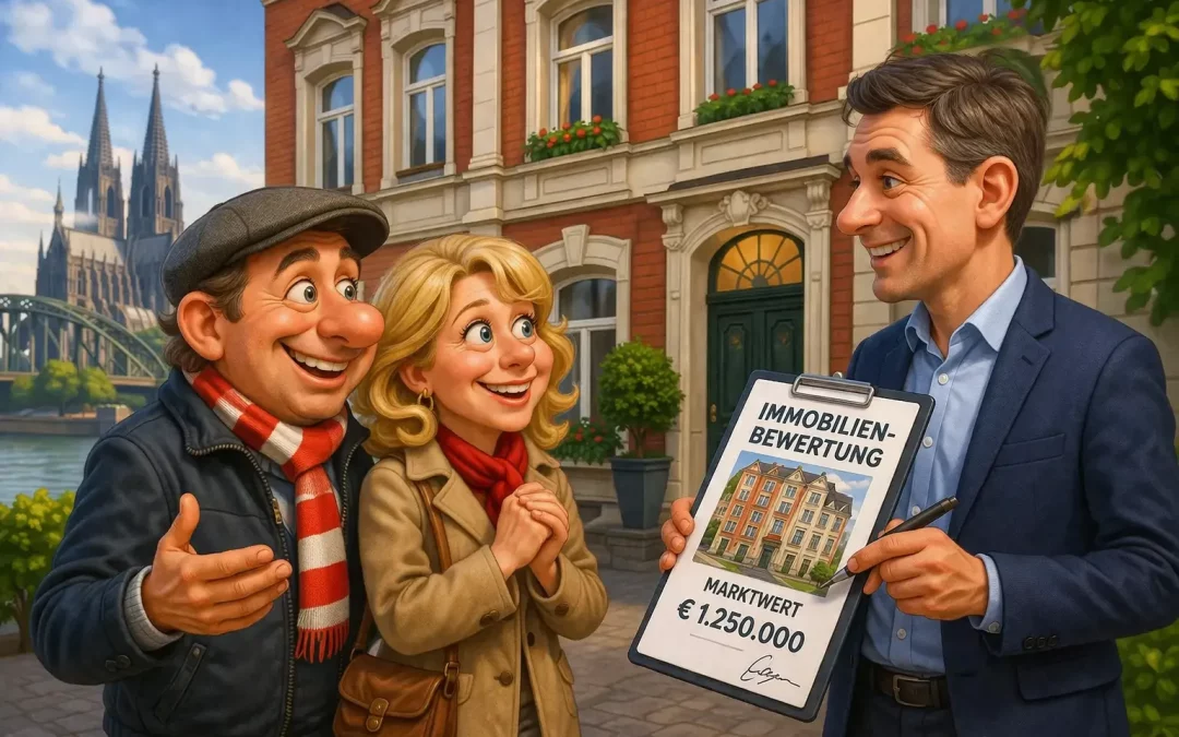 Immobilienbewertung in Köln: Gutachter berät Paar vor Stadthaus zur Wertermittlung