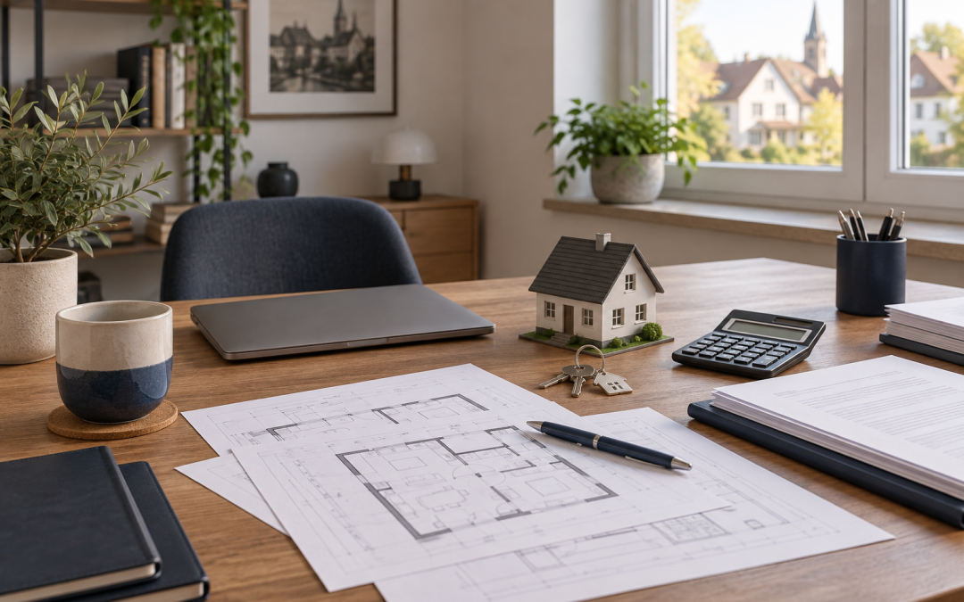 Häusliches Arbeitszimmer mit Immobilienunterlagen, Hausmodell und Taschenrechner